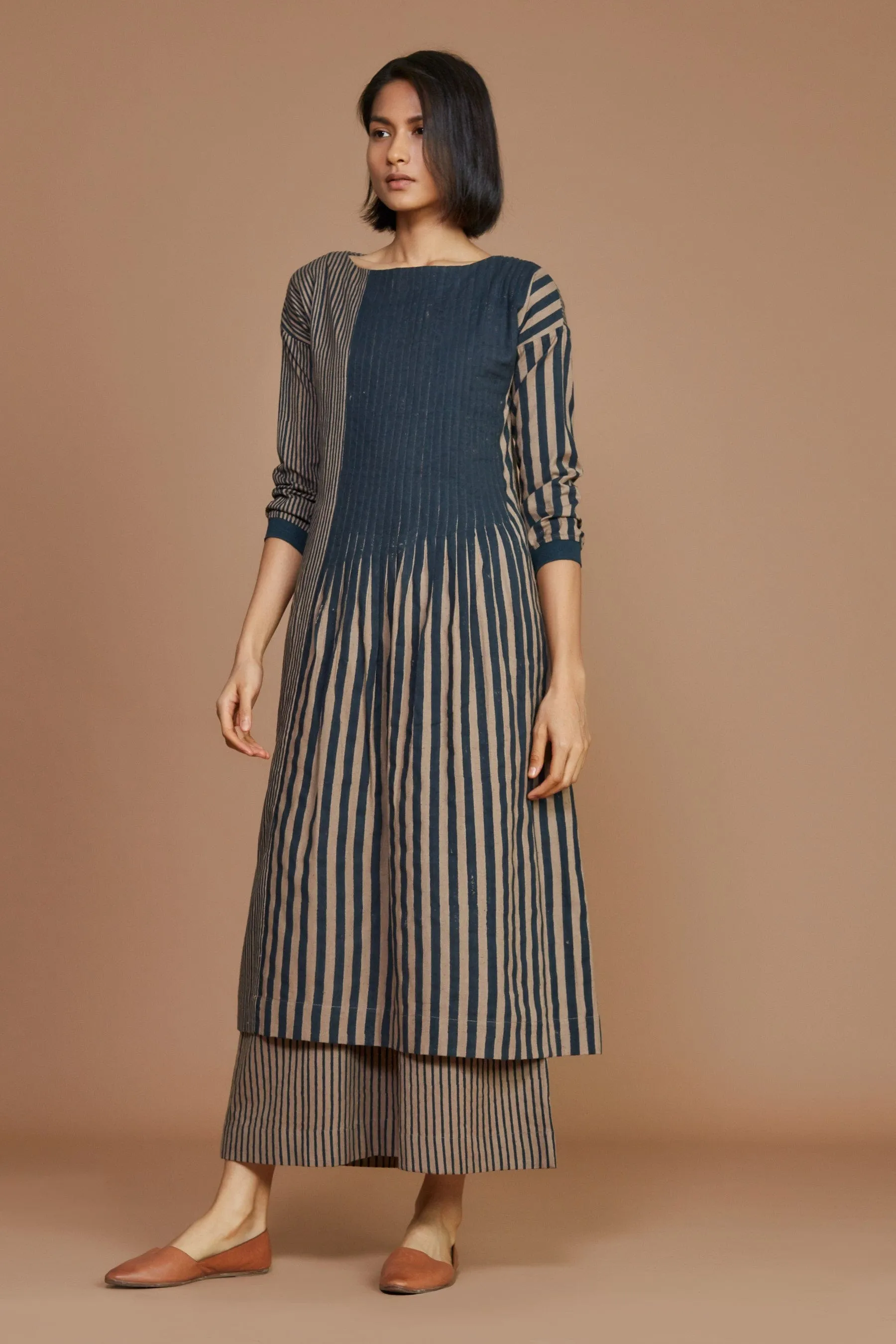 Brown With Charcoal Striped Pleated Dress