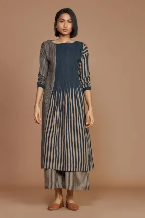 Brown With Charcoal Striped Pleated Dress