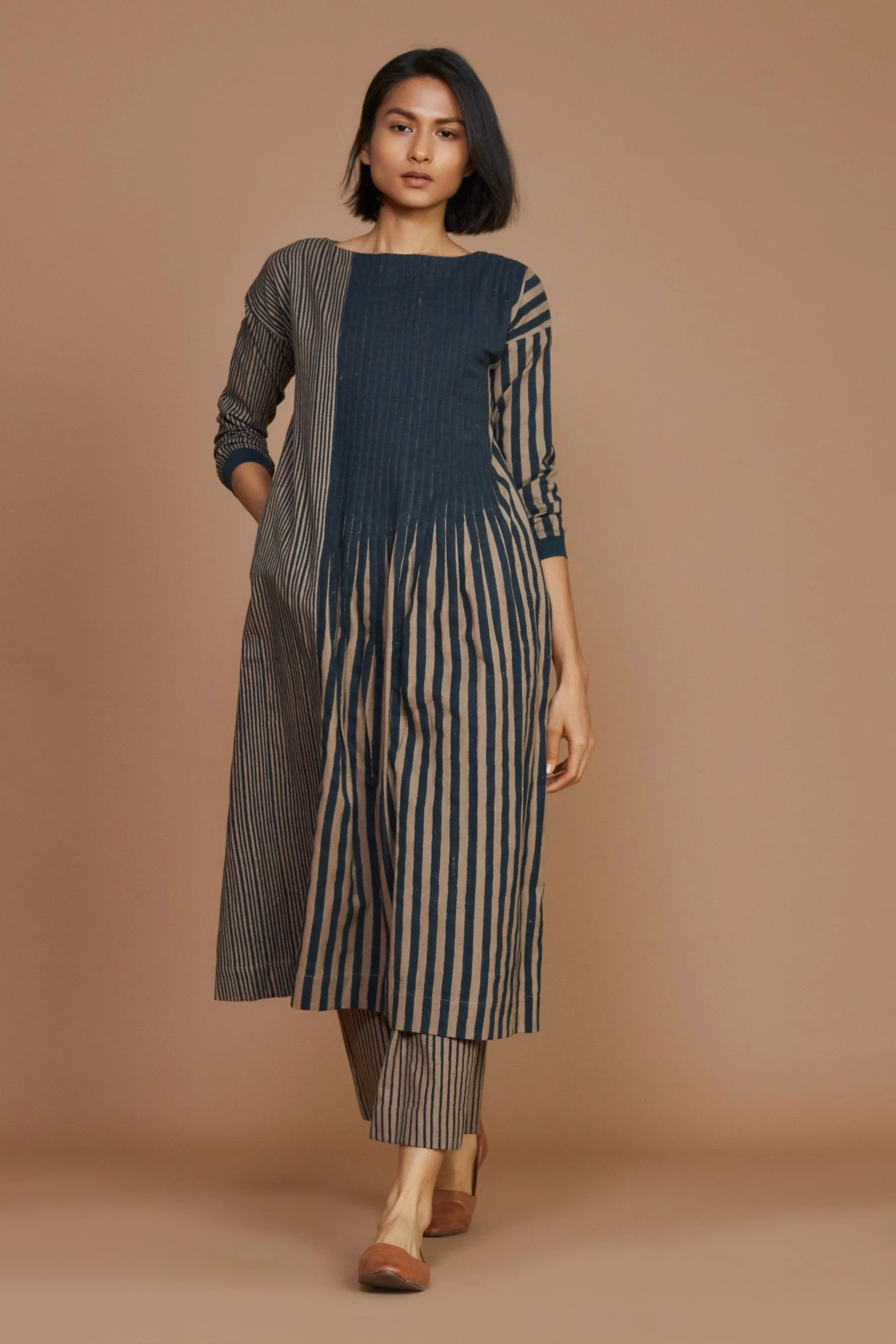 Brown With Charcoal Striped Pleated Dress