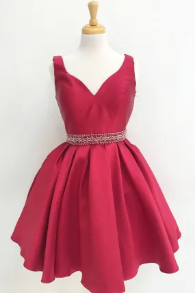 Burgundy A Line Beaded Homecoming Dresses for Junior, Short Prom Dress, SH401