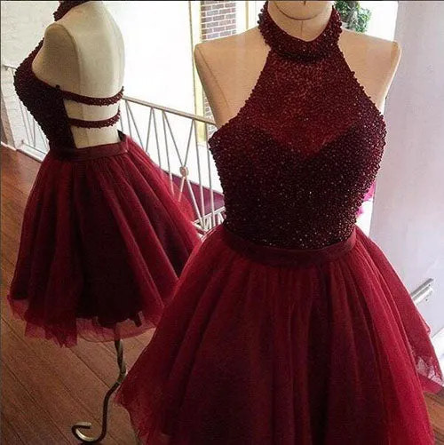 Burgundy A Line Homecoming Dress, Halter Party Dress, Beaded Short Prom dress, SH295