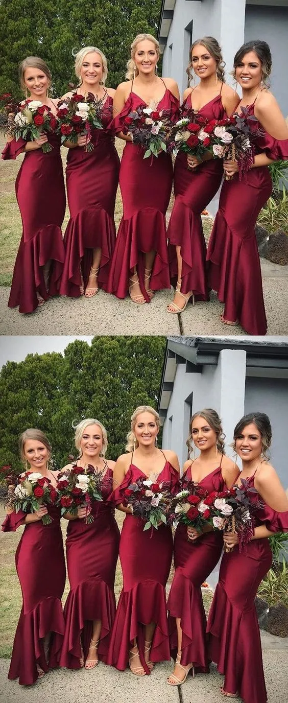 Burgundy Mermaid Off Shoulder Halter Long Bridesmaid Dresses Online, WGY0265