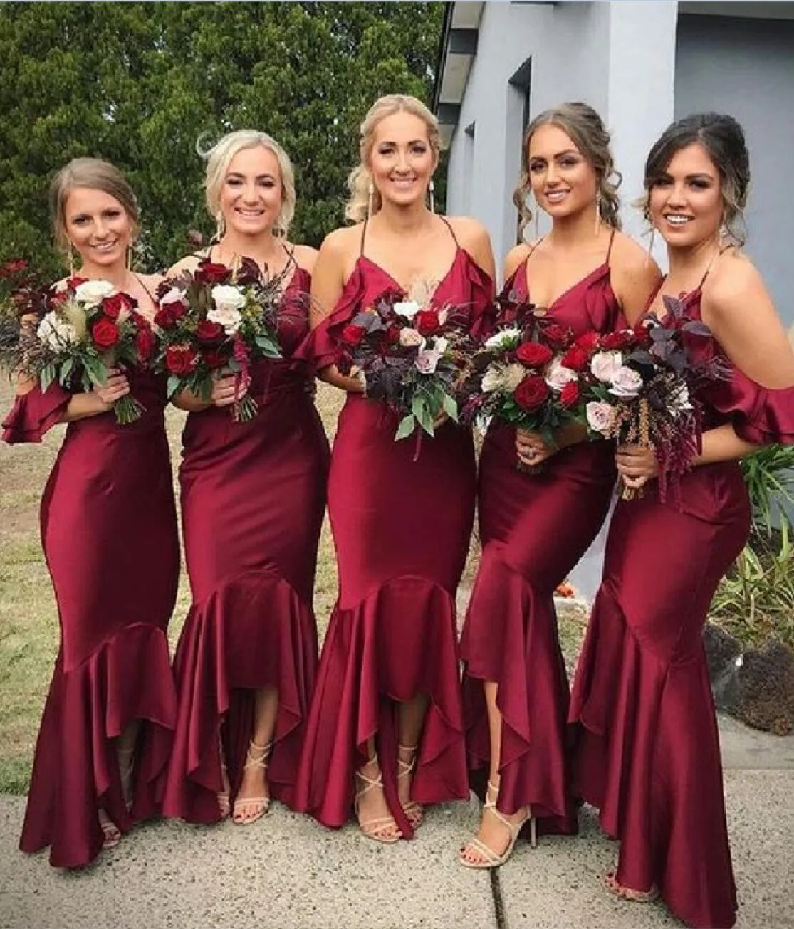 Burgundy Mermaid Off Shoulder Halter Long Bridesmaid Dresses Online, WGY0265