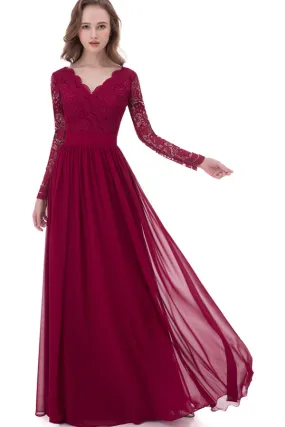 Burgundy Open Back A-line Lace V-neck Chiffon Long Bridesmaid Dresses, BD73