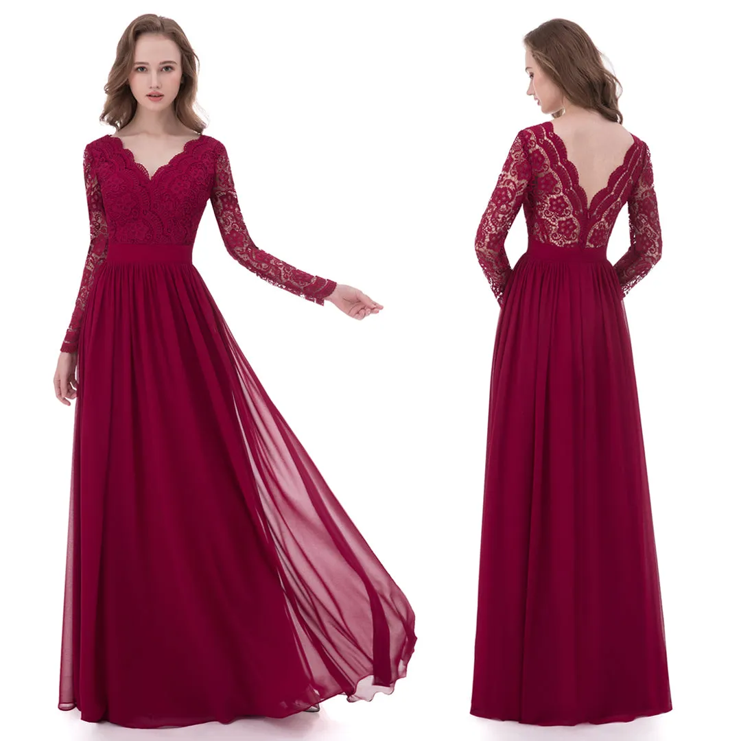 Burgundy Open Back A-line Lace V-neck Chiffon Long Bridesmaid Dresses, BD73