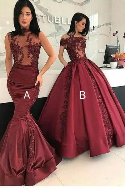 Burgundy prom dresses 2020 lace applique beaded mixed styles luxury mermaid evening dresses long