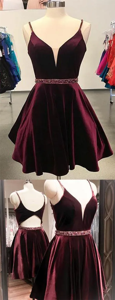 Burgundy Simple A-Line Spaghetti Straps Short Homecoming Dress with Beading, SH388