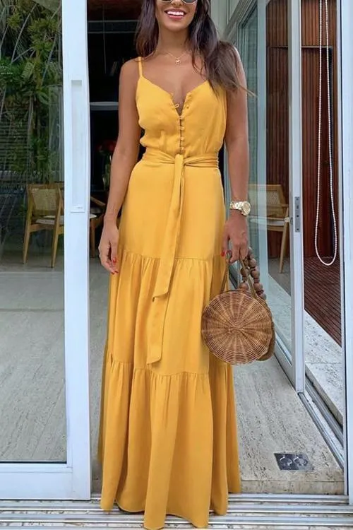 Button Belted Slip Maxi Dress