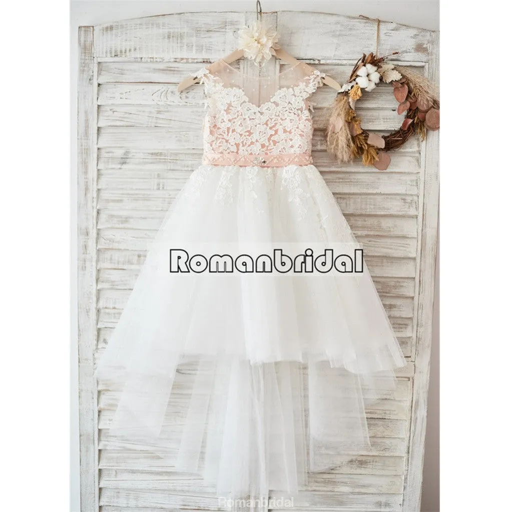 Cap Sleeves Ivory Lace Tulle Hi Low Wedding Party V Back Beading flower girl dresses, FG0125