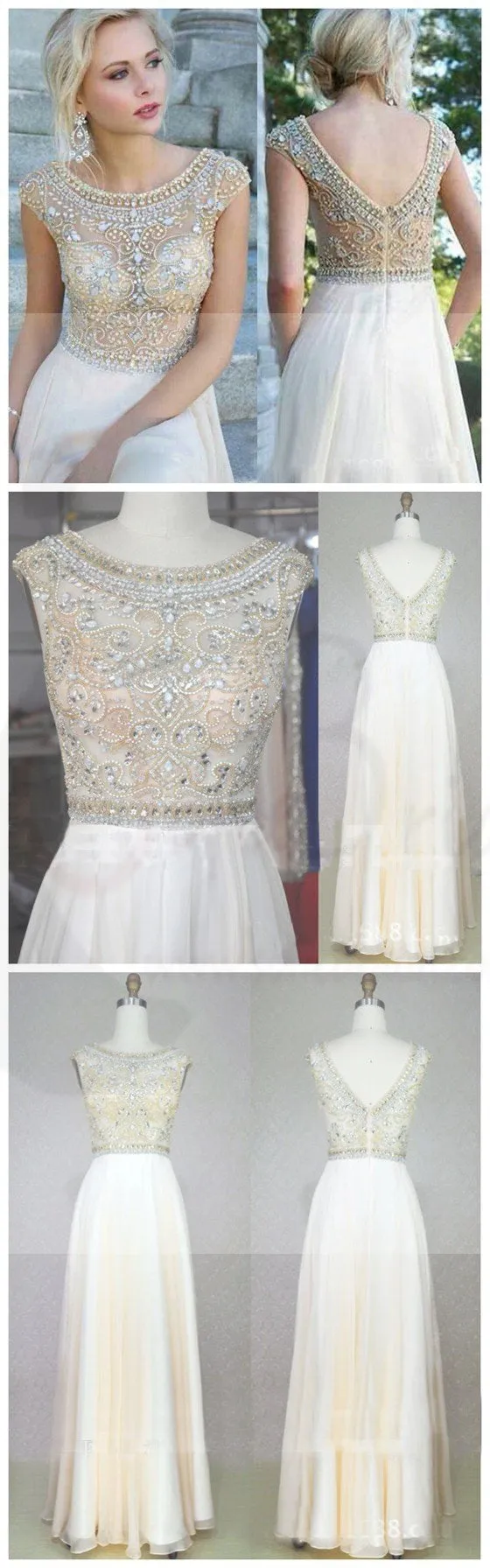 Cap Sleeves Prom Dresses Long A-line Prom Dresses, Gorgeous Round Neck Rhinestone Bridal Gown, WD0122