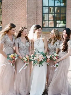 champagne bridesmaid dresses long 2020 short sleeve sparkly elegant wedding guest dresses 2021