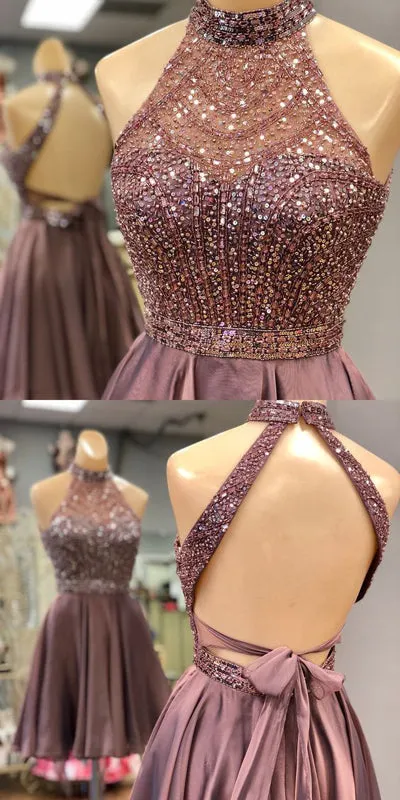 Charming Beaded A-line Halter Neckline Open Back Homecoming Dresses, SH454