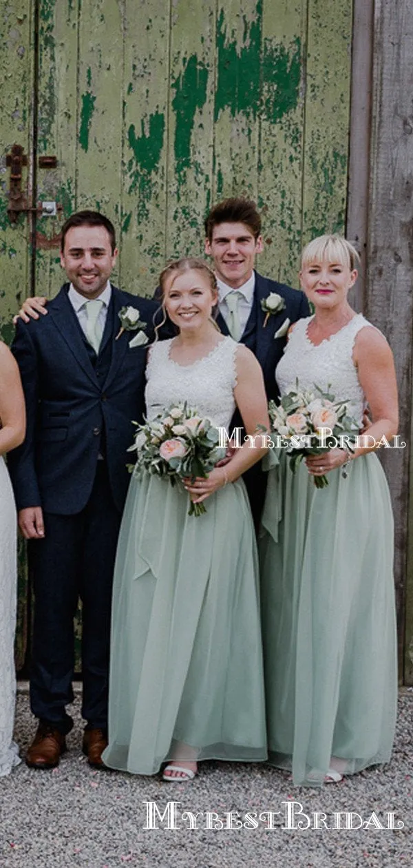 Charming Elegant Round Neck Sleeveless Mint Chiffon Long Cheap Wedding Party Bridesmaid Dresses, BDS0004