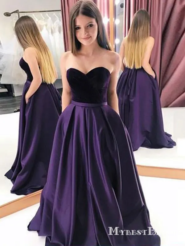 Charming Elegant Sweetheart Sleeveless Purple Satin A-line Long Cheap Evening Party Prom Dresses, PDS0023