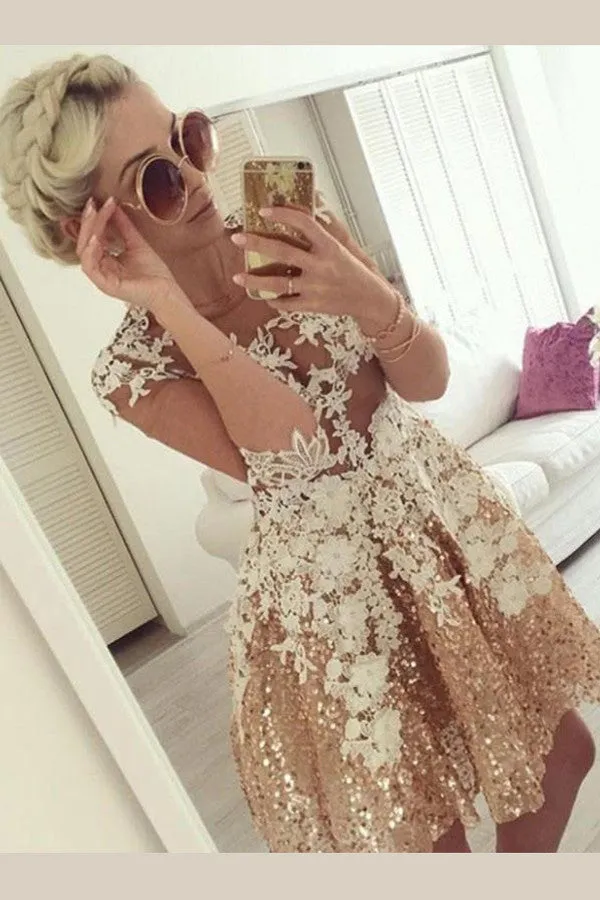 Charming Half Sleeves Short Prom Dress,Appliques Sequins Beading Sheer Back Homecoming Dress SH122