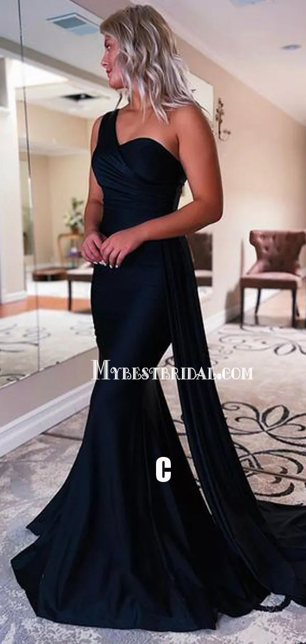 Charming One-shoulder Mermaid Soft Satin Simple Long Prom Dresses, PDS0224