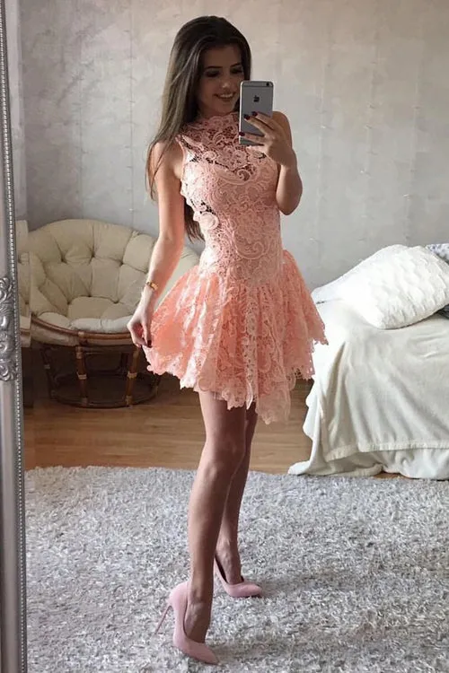 Charming Pink A-line High Neck Homecoming Dress Short Prom Dresses, SH311