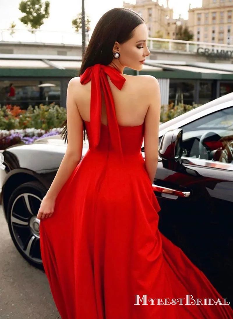 Charming Sexy Halter Open Chest Red Satin A-line Long Cheap Formal Evening Party Prom Dresses, PDS0037