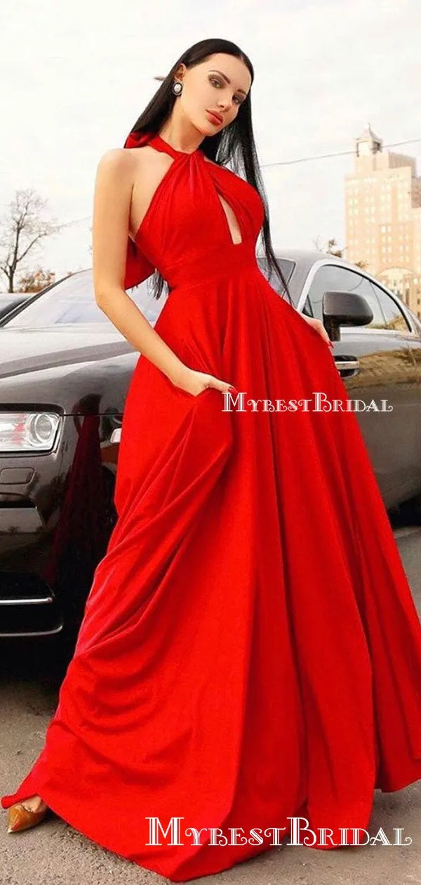 Charming Sexy Halter Open Chest Red Satin A-line Long Cheap Formal Evening Party Prom Dresses, PDS0037