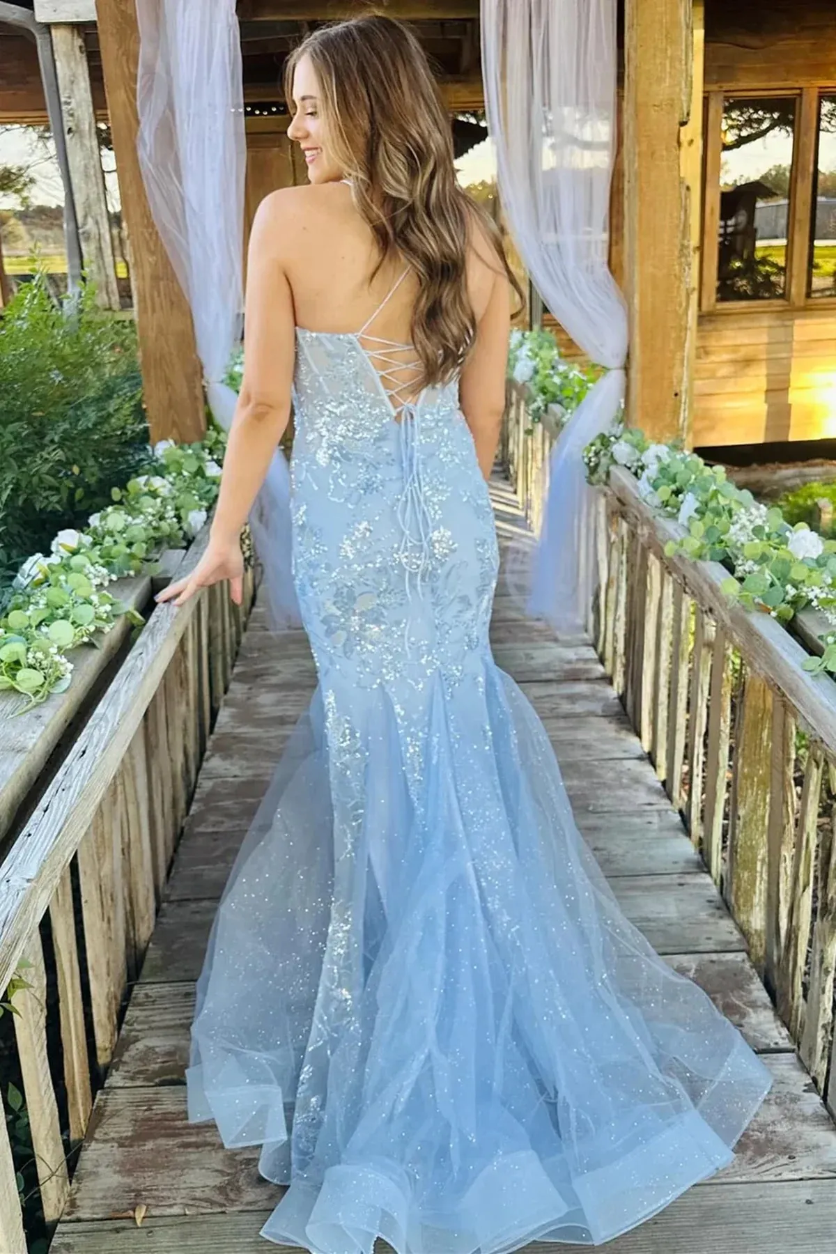 Charming Spaghetti Straps Mermaid Tulle Sky Blue Long Evening Prom Dress Online, OL039