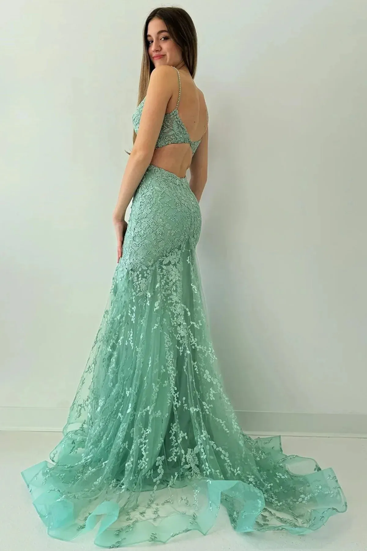 Charming Spaghetti Straps V-neck Mermaid Mint-green Long Evening Prom Dress Online, OL041