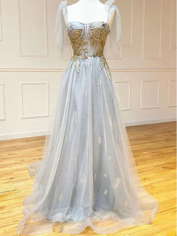 Charming Straps A-line Tulle Applique Long Prom Dresses Formal Dress, OL724