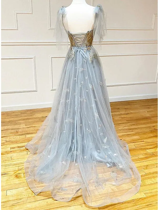 Charming Straps A-line Tulle Applique Long Prom Dresses Formal Dress, OL724