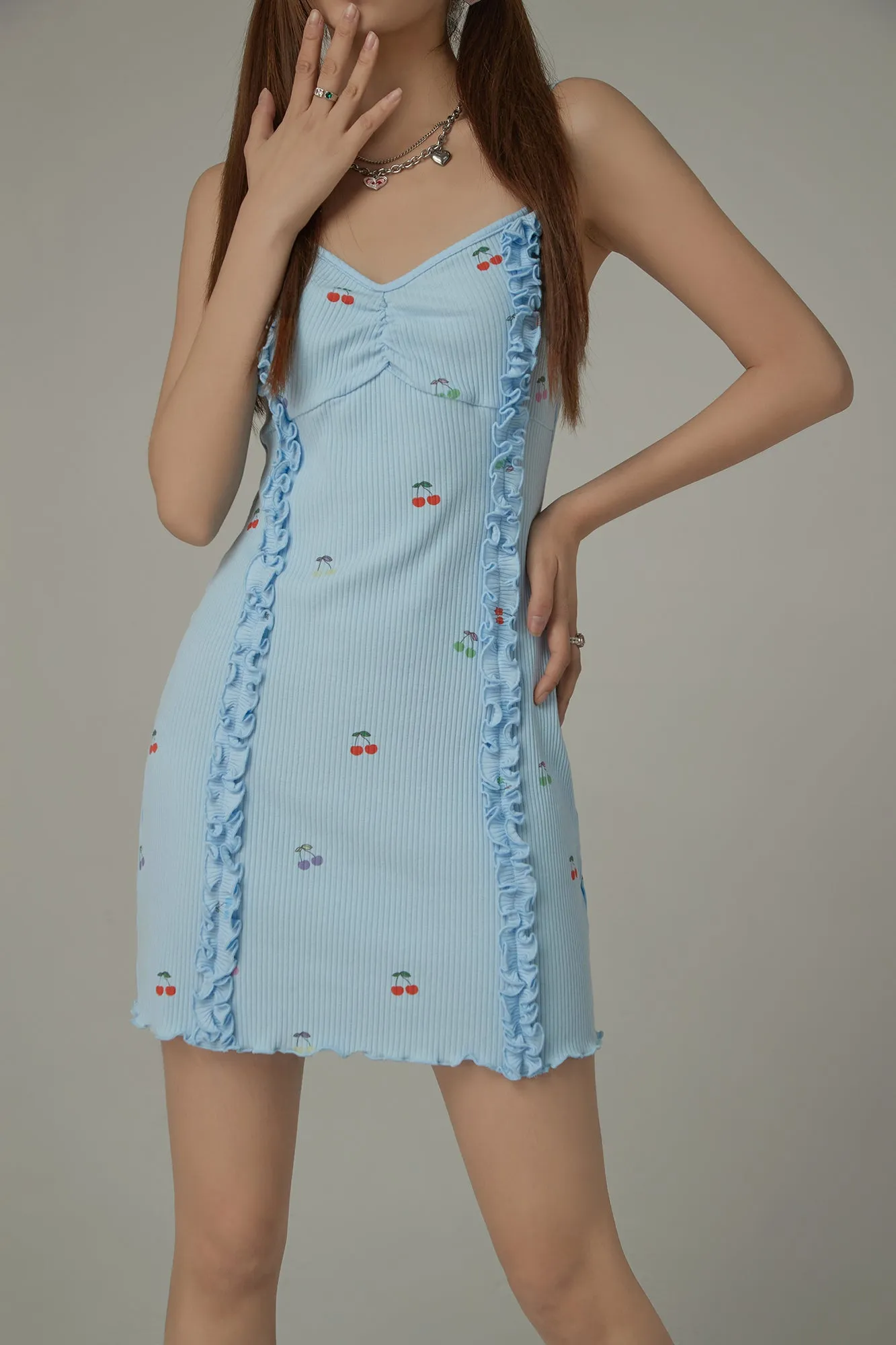 Cherry Printed Frilly Bustier Sleeveless Strap Mini Dress