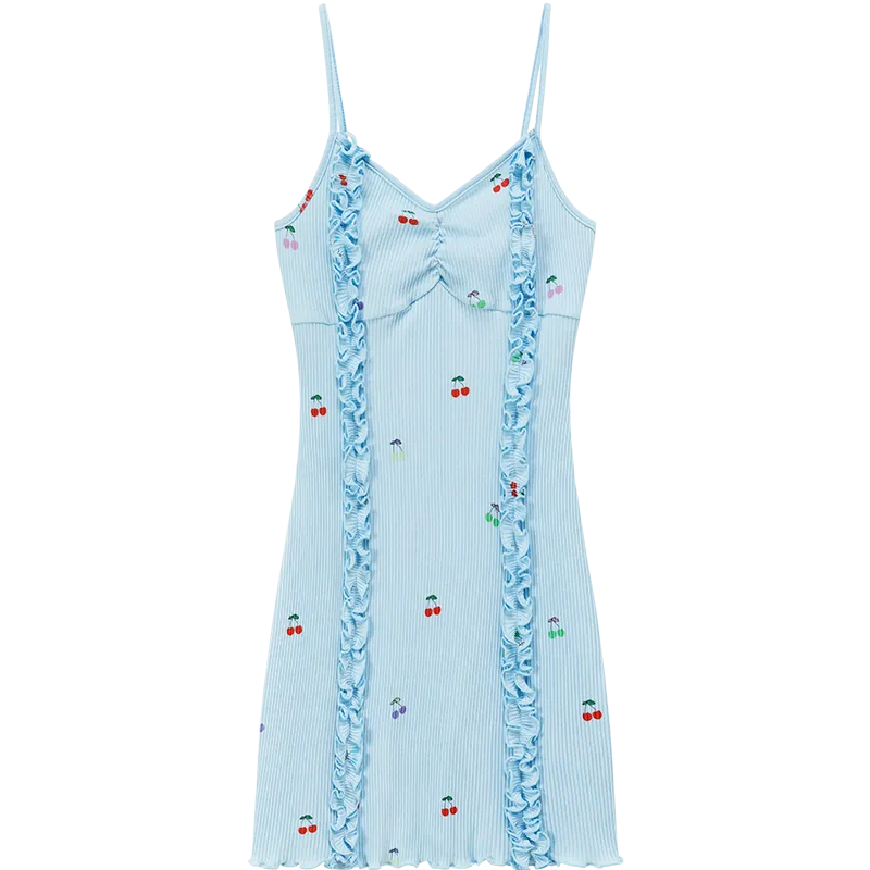 Cherry Printed Frilly Bustier Sleeveless Strap Mini Dress