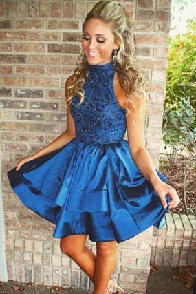 Chic Navy Blue High Neck A-line Rhinestone Homecoming Dresses Party Dress, SH488