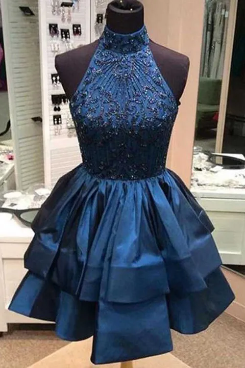 Chic Navy Blue High Neck A-line Rhinestone Homecoming Dresses Party Dress, SH488