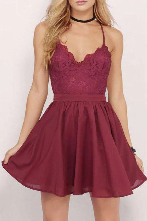 Chiffon Spaghetti Straps Homecoming Dress with Lace Top, Short Mini Grad Dress, SH378