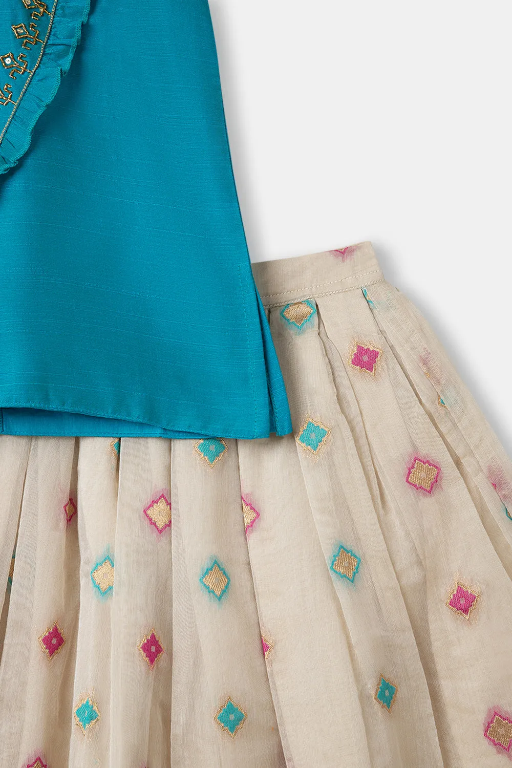 Chittythalli Girls Ethnic Wear Pavadai Set Ruffle Sleeves With Kasuti Hand Embroidery - Blue - PS73