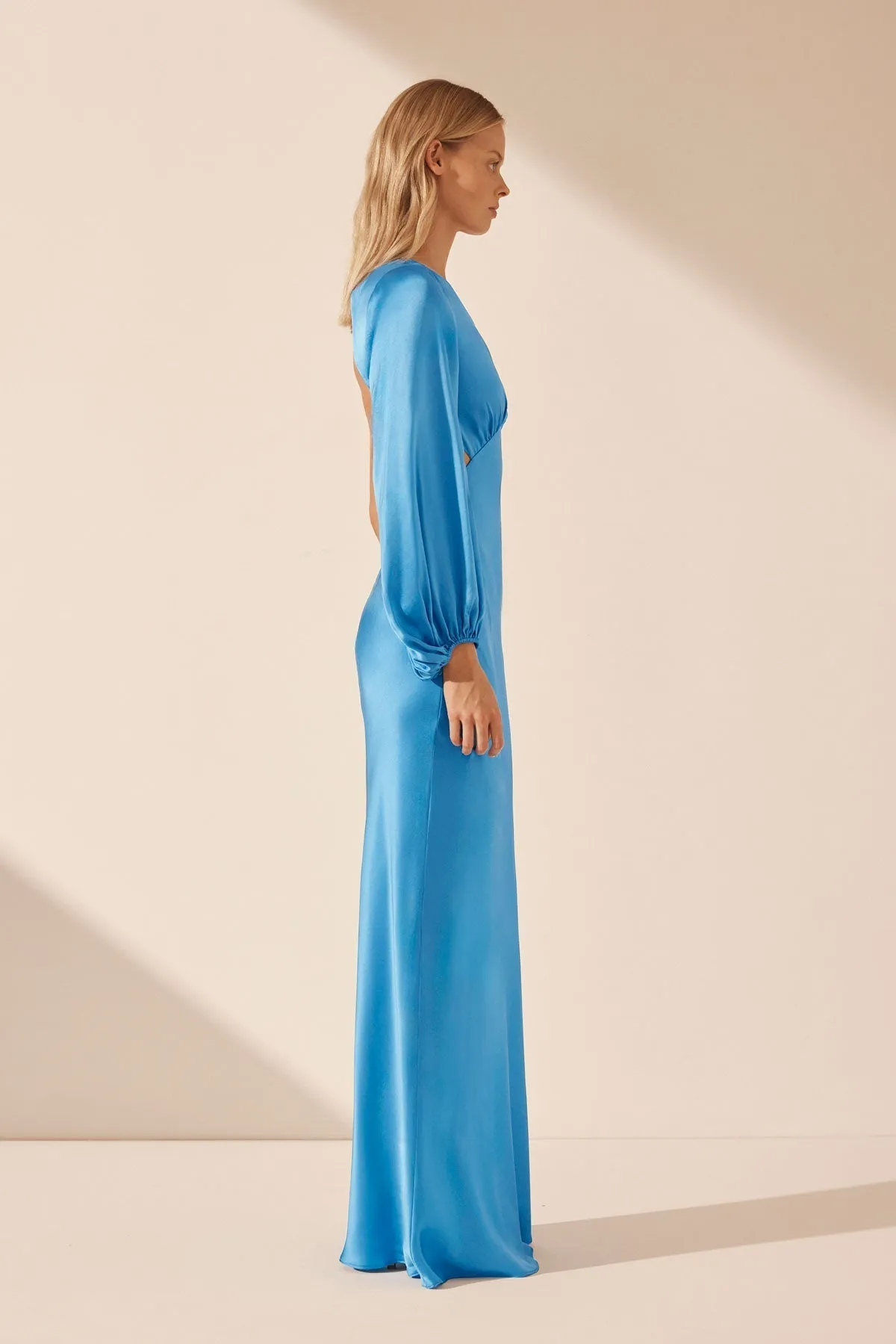 CIEL SILK ONE SHOULDER OPEN BACK MAXI DRESS