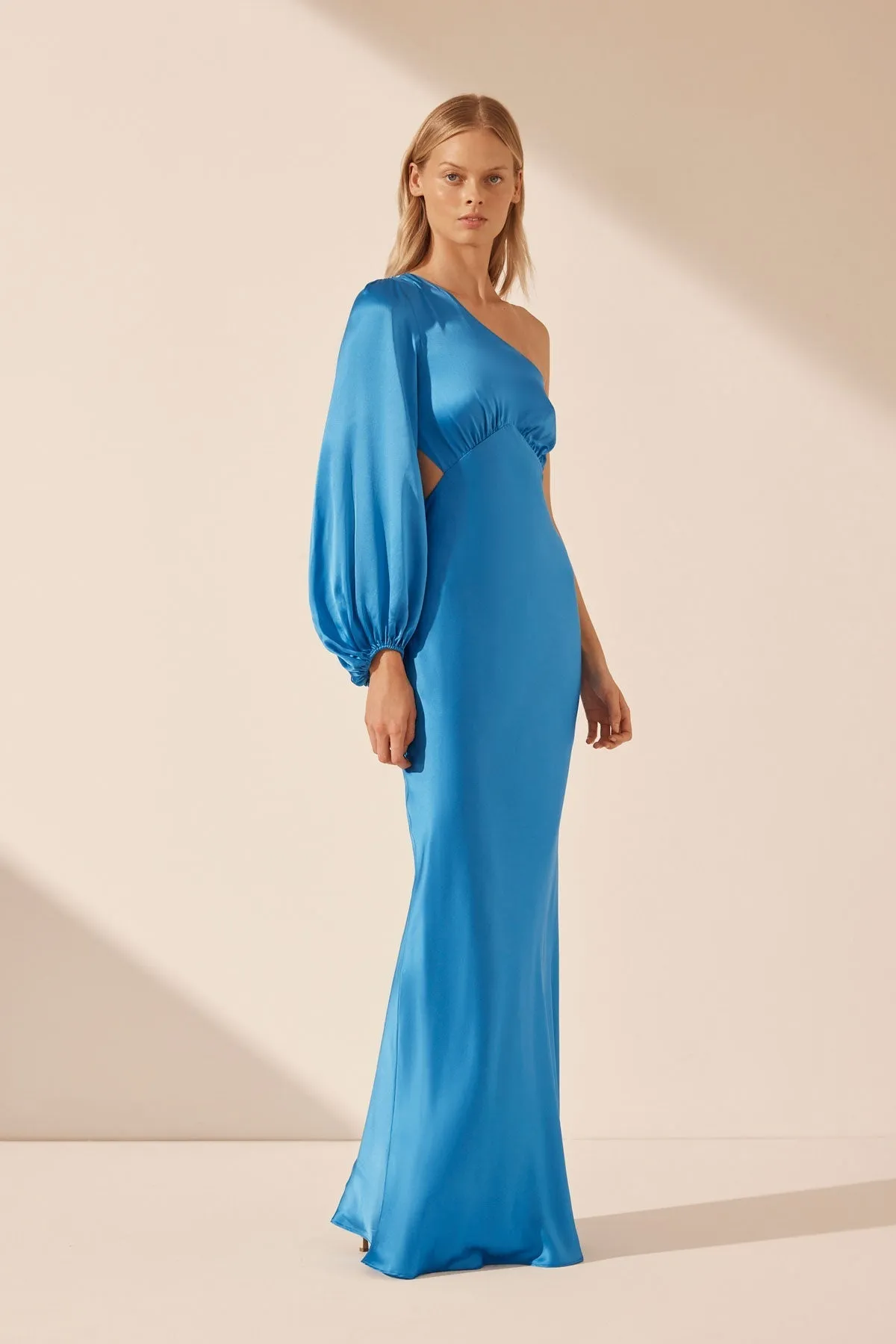 CIEL SILK ONE SHOULDER OPEN BACK MAXI DRESS