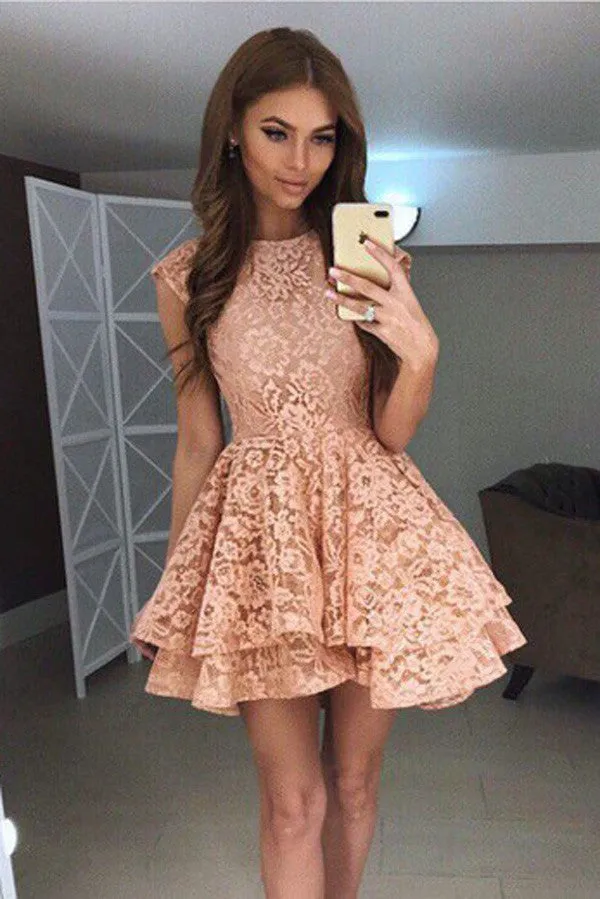 Coral Lace Short Prom Dress,Tiered Puffy Appliques Cheap Homecoming Dress,Party Dress SH140