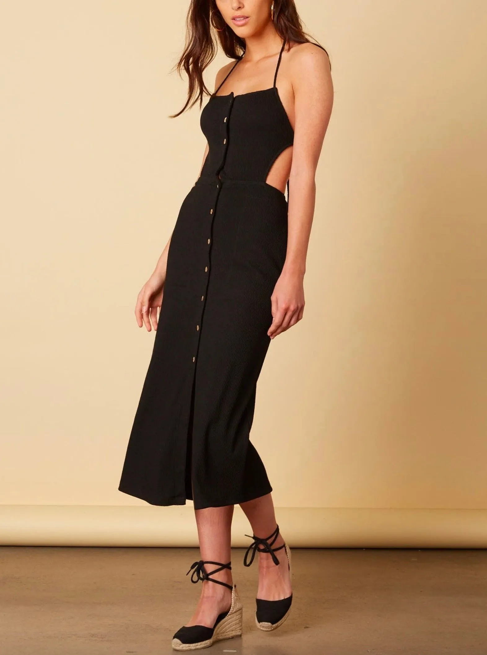 Cotton Candy LA - Button Down Midi Open Back Dress in Black