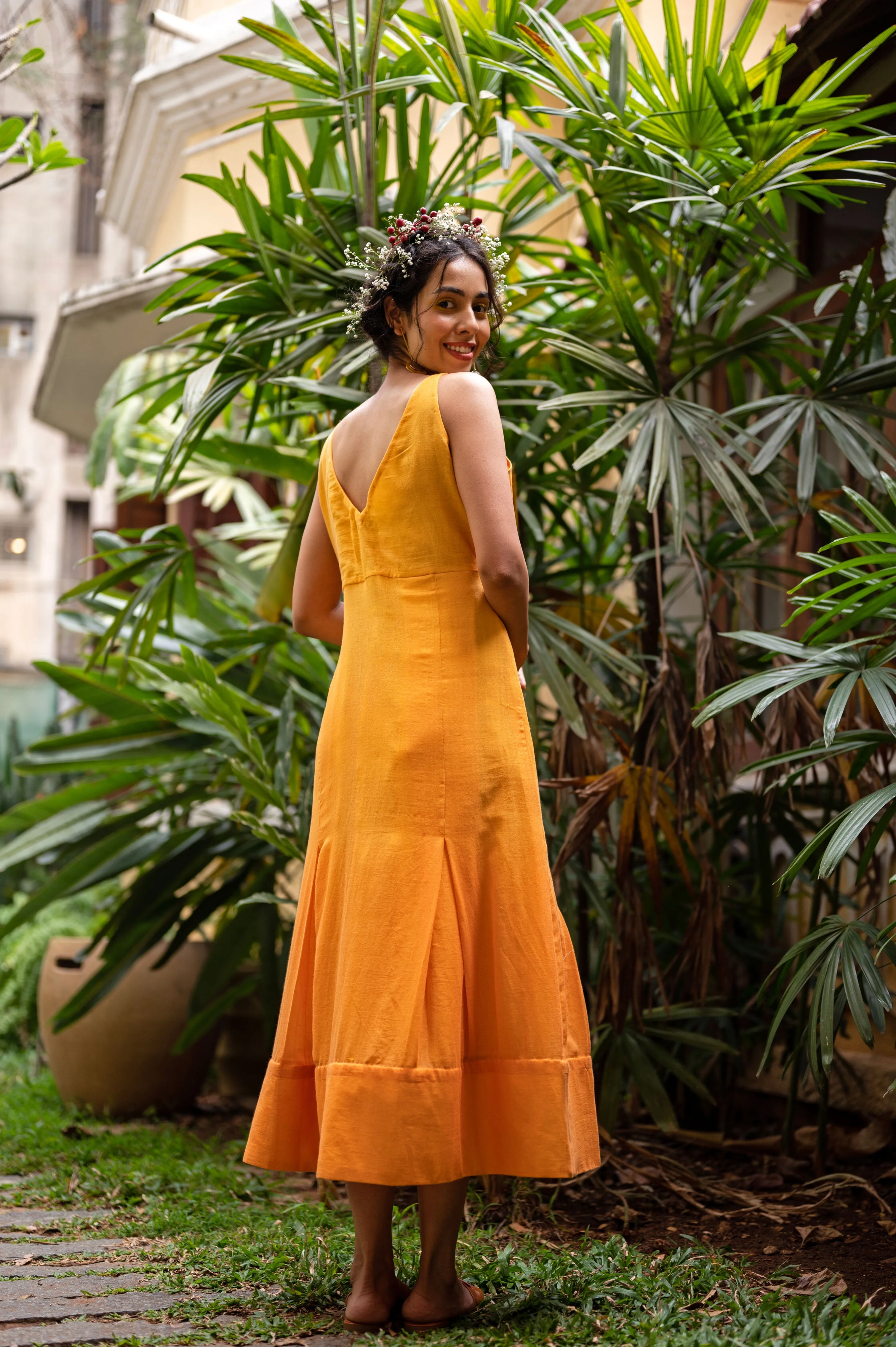 Cotton gown with hand embroidered sequined sunflower