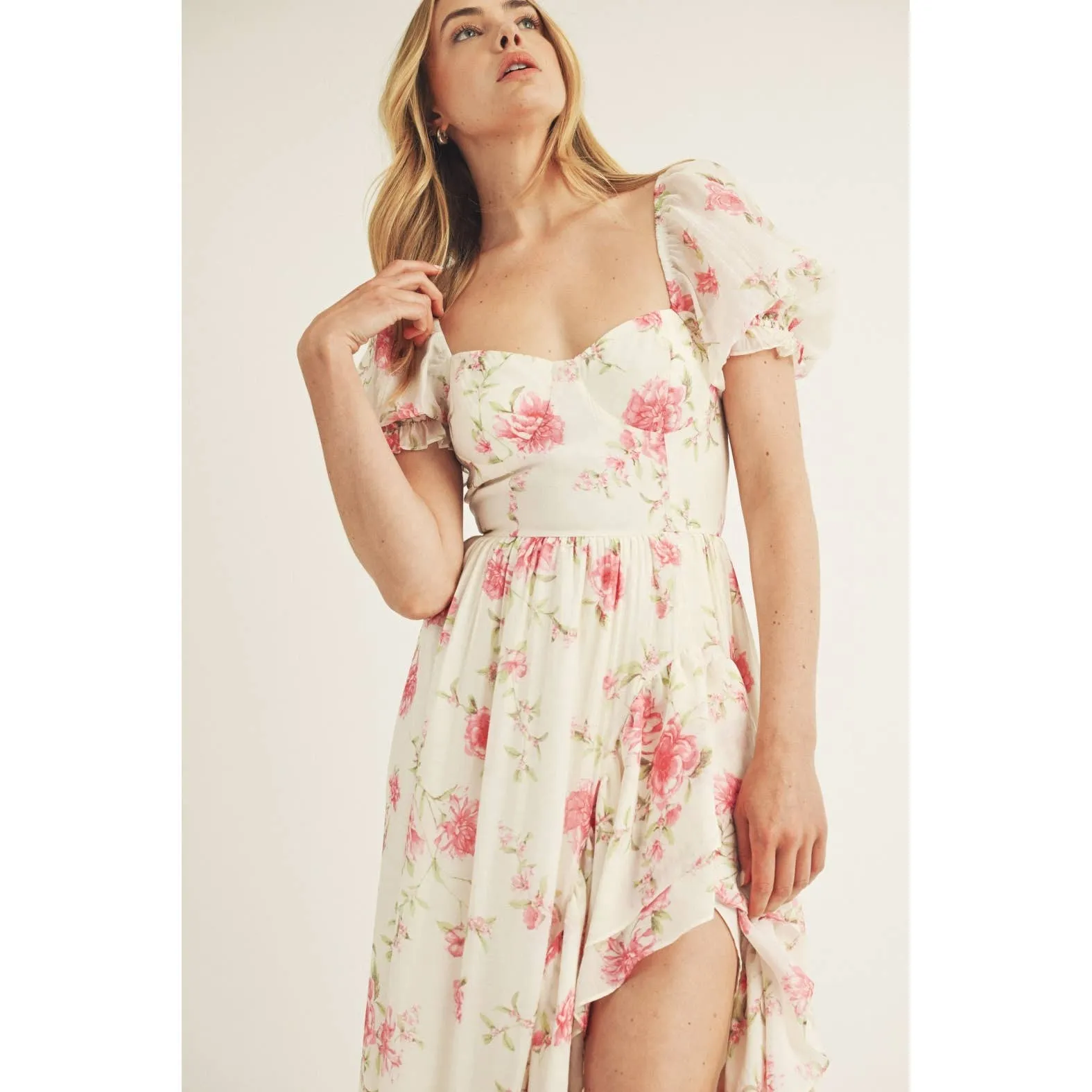 Cream Pink Floral Ruffled High-Low Maxi Dress