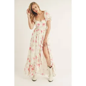 Cream Pink Floral Ruffled High-Low Maxi Dress