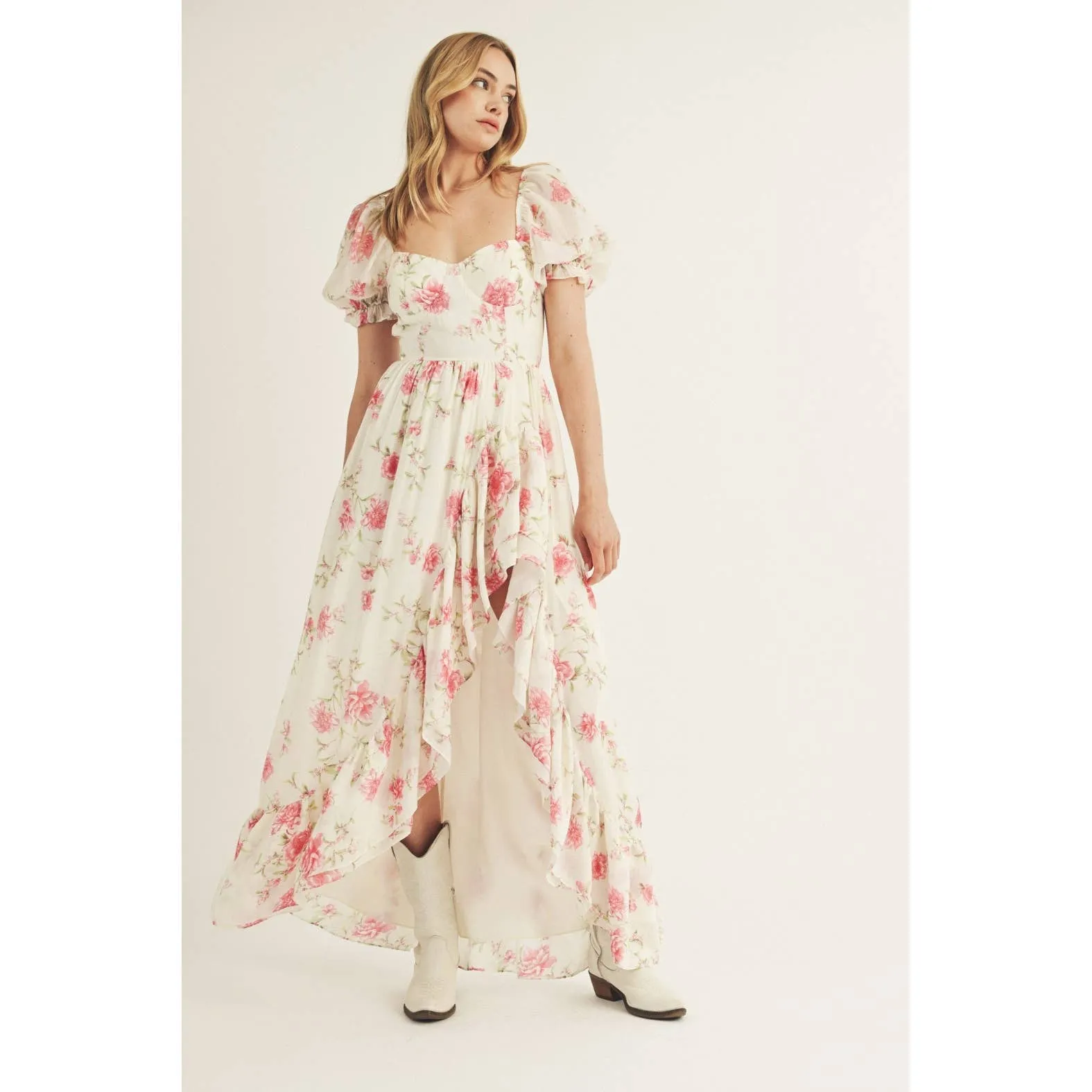 Cream Pink Floral Ruffled High-Low Maxi Dress