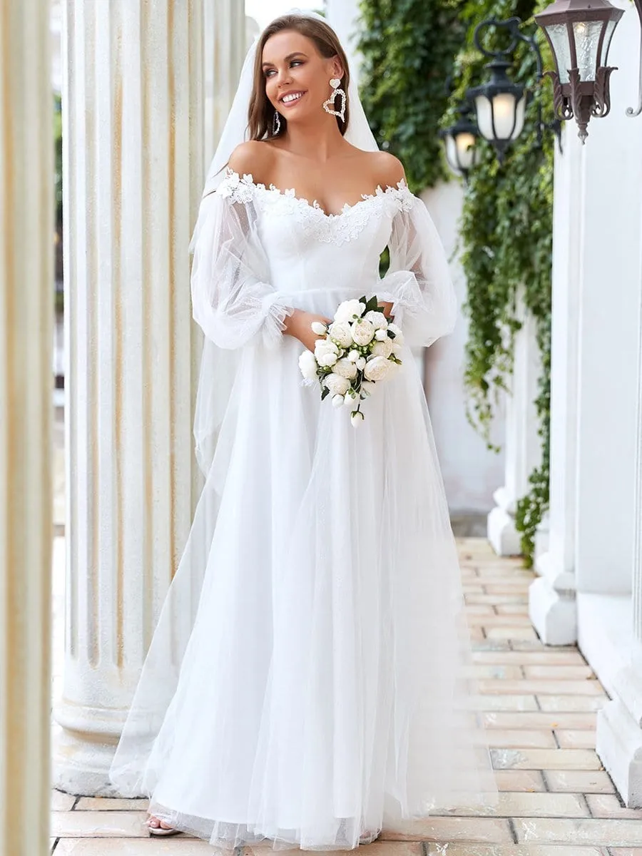 Custom Size Embroidered Lantern Sleeve Off the Shoulder Maxi Wedding Dress