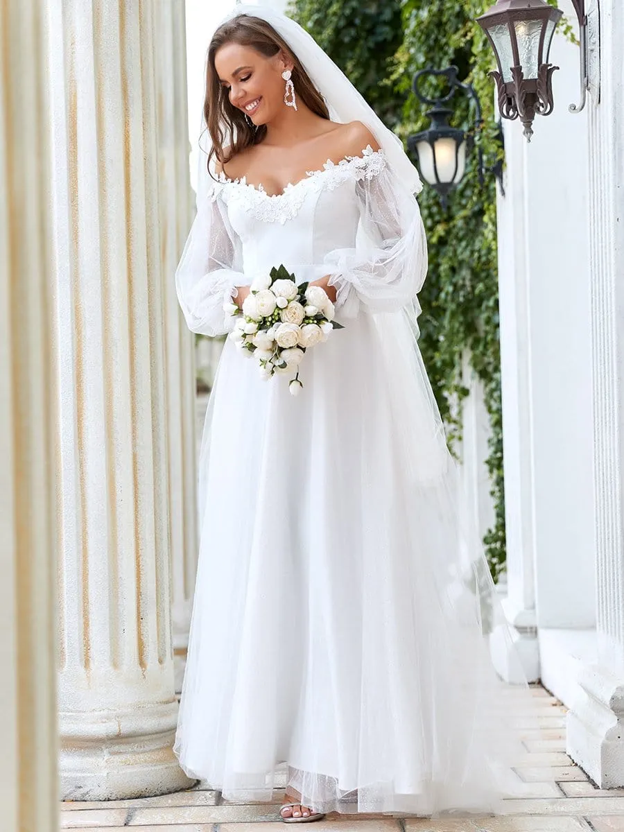 Custom Size Embroidered Lantern Sleeve Off the Shoulder Maxi Wedding Dress