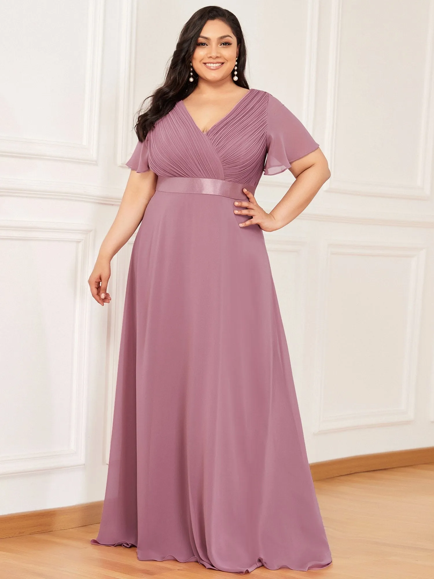 Custom Size Flutter Sleeves Chiffon Empire Waist Bridesmaid Dress