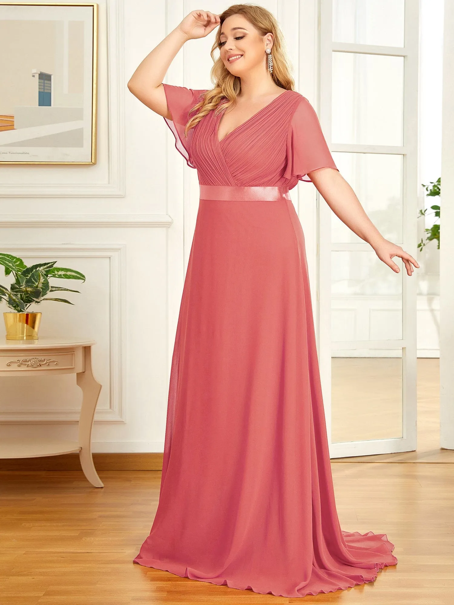 Custom Size Flutter Sleeves Chiffon Empire Waist Bridesmaid Dress