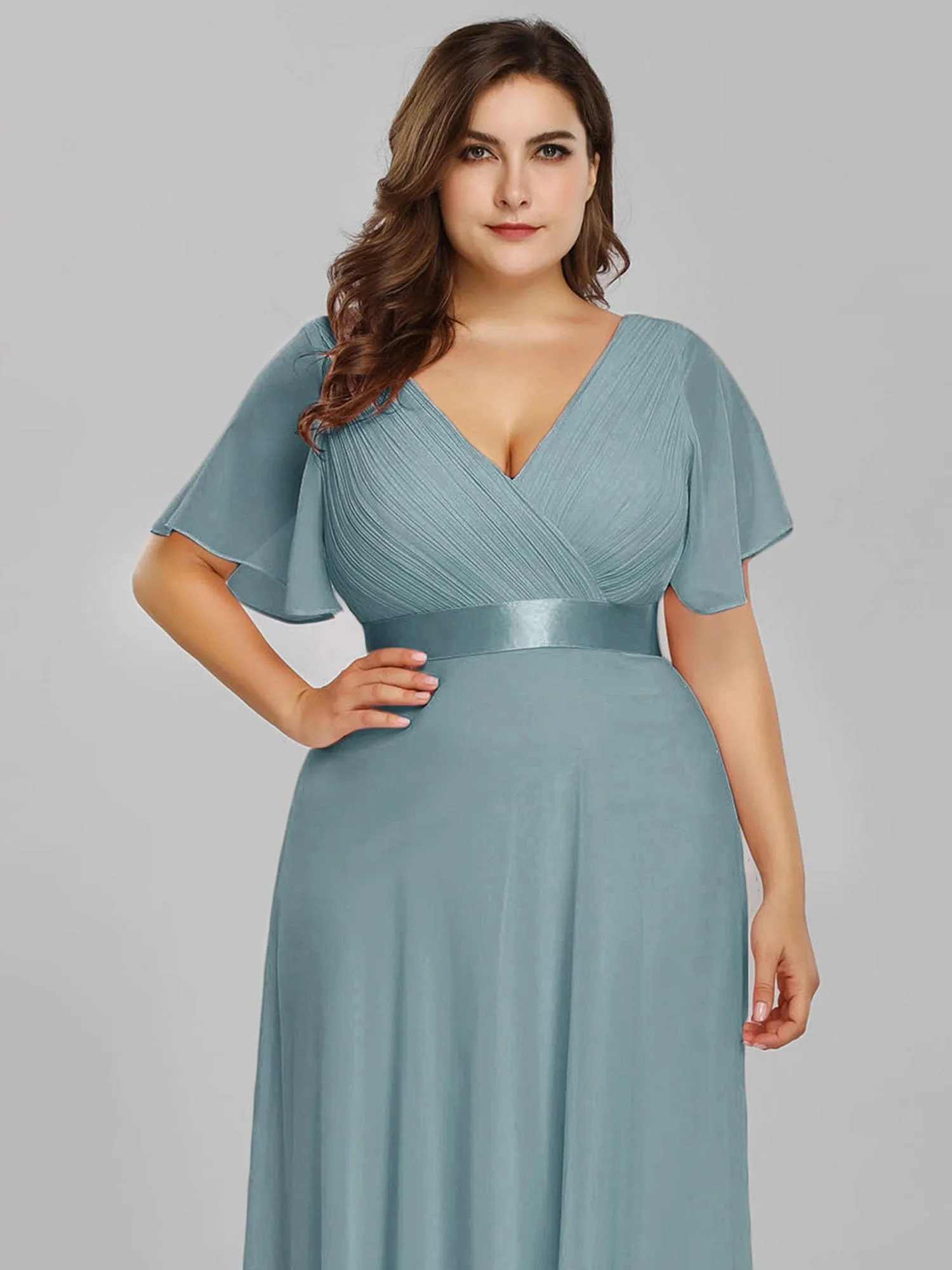 Custom Size Flutter Sleeves Chiffon Empire Waist Bridesmaid Dress