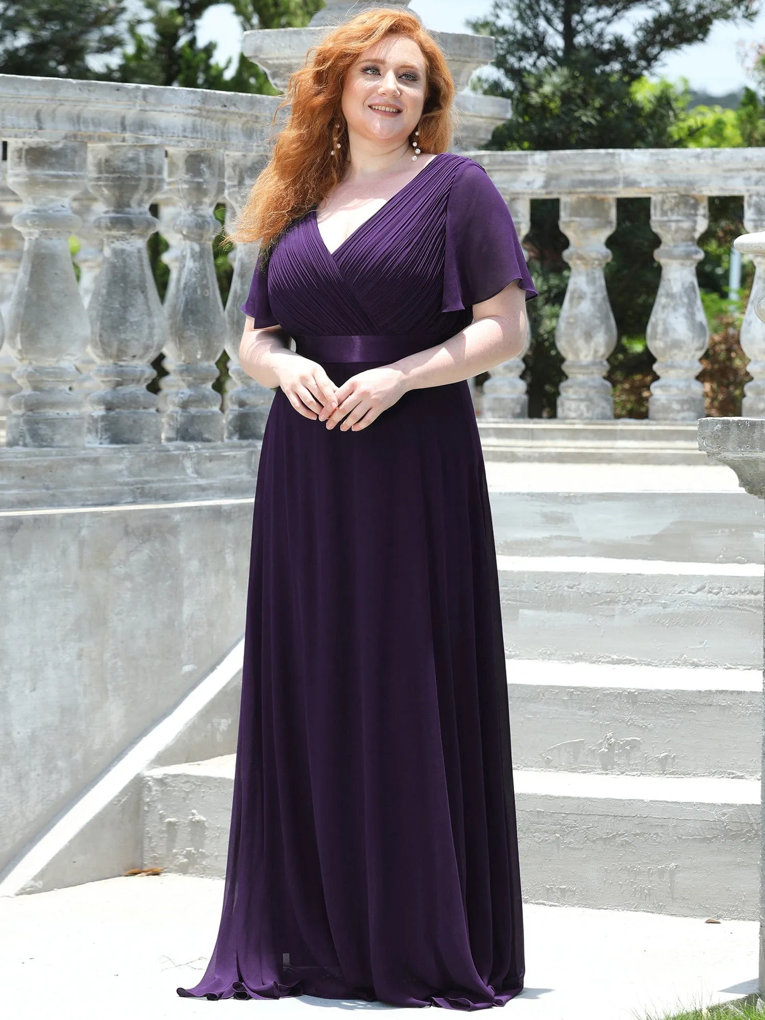 Custom Size Flutter Sleeves Chiffon Empire Waist Bridesmaid Dress