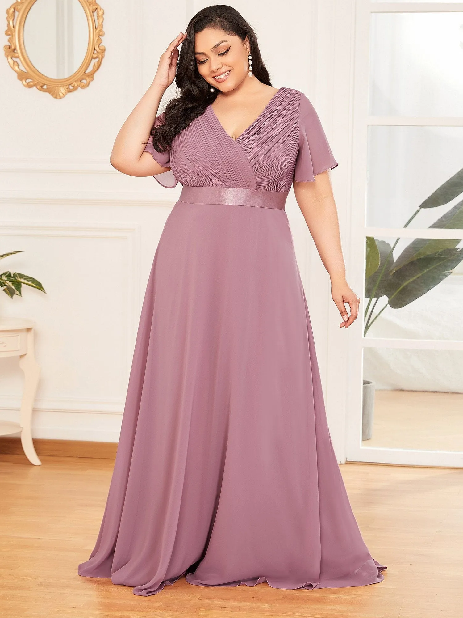 Custom Size Flutter Sleeves Chiffon Empire Waist Bridesmaid Dress