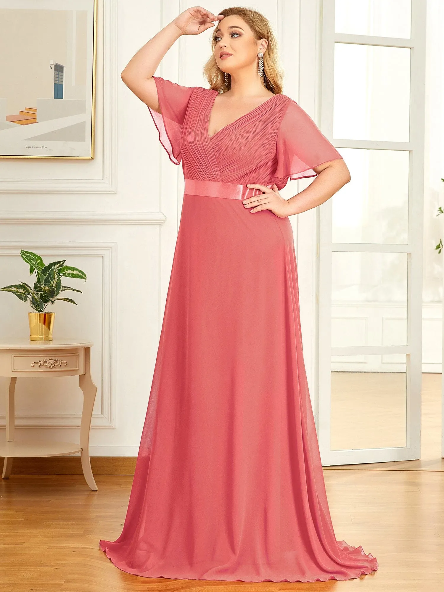 Custom Size Flutter Sleeves Chiffon Empire Waist Bridesmaid Dress