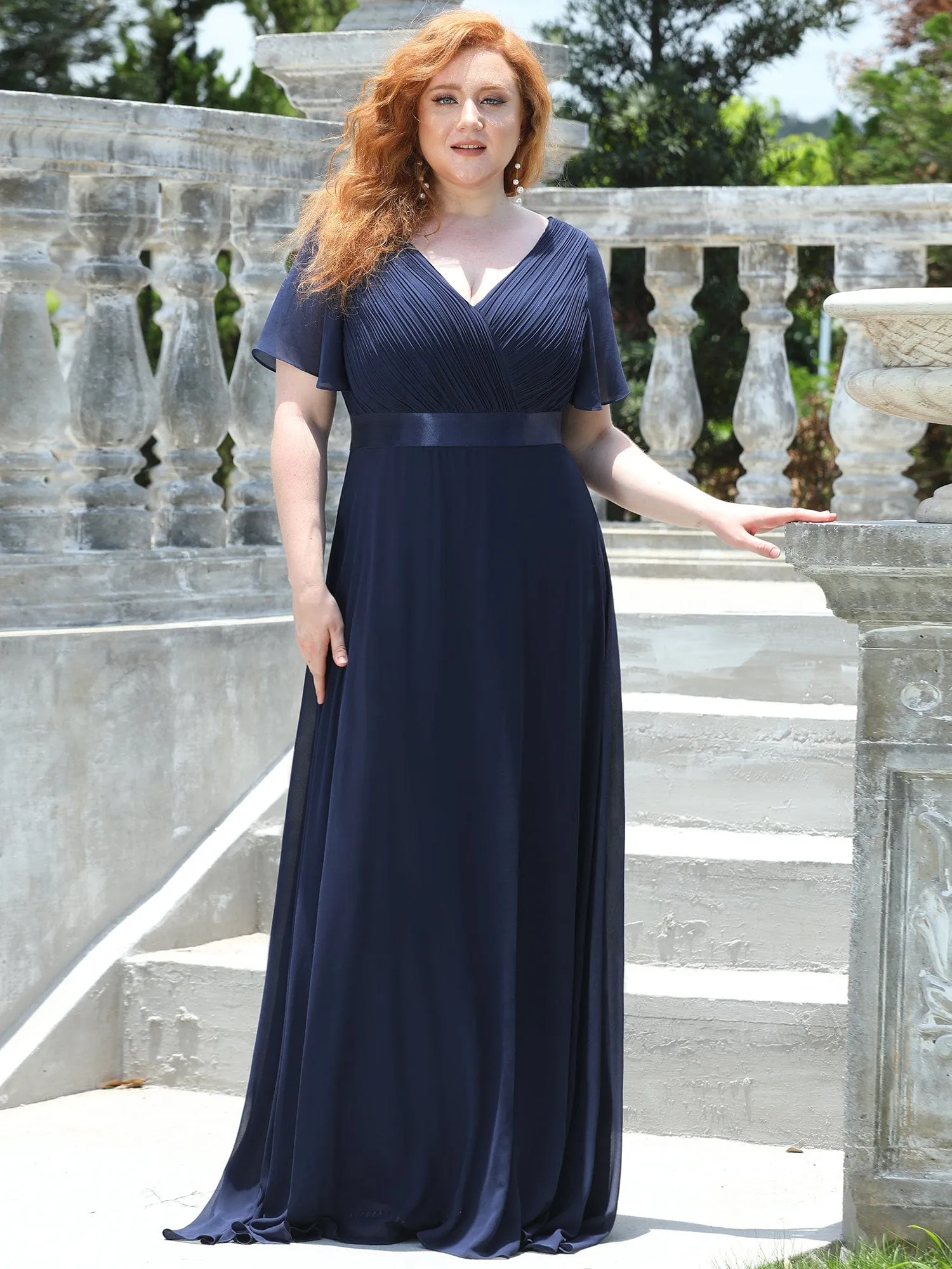 Custom Size Flutter Sleeves Chiffon Empire Waist Bridesmaid Dress